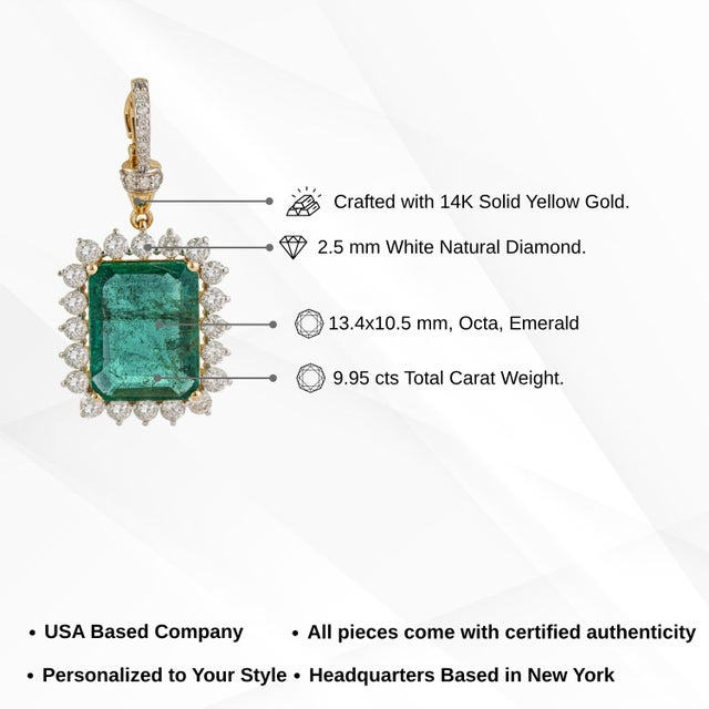 14k Yellow Gold 9.95ct Octagon Emerald and 1.25ct Diamond Halo Enhancer Pendant For Sale - Image 12 of 16