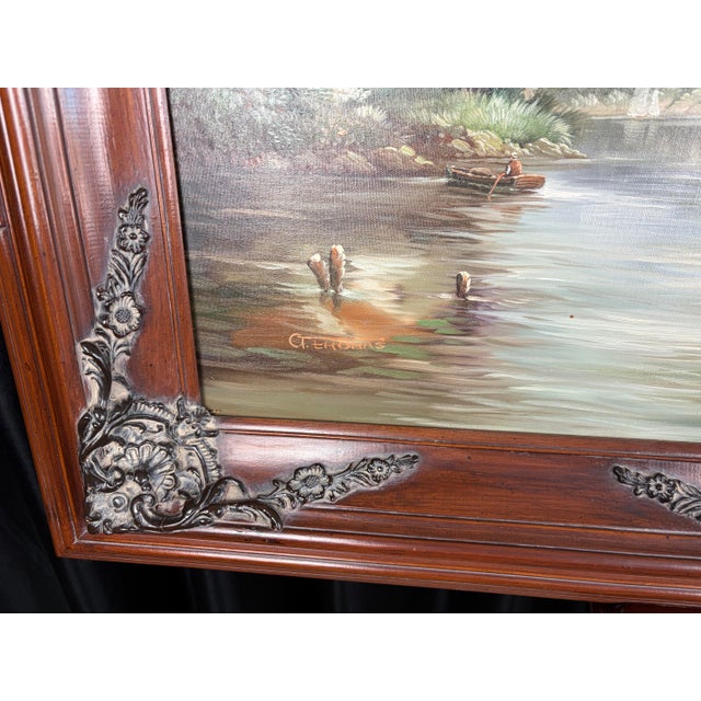 Large White Framed Vintage River Landscape Oil Painting, Ornate Carved Wood C Thomas Art For Sale - Image 10 of 12