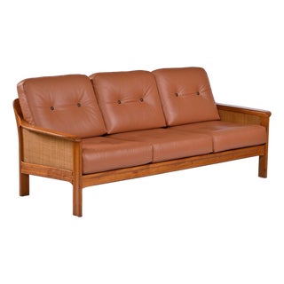 Danish Modern Teak Sofa With Caned Sides Restored in New Leather For Sale