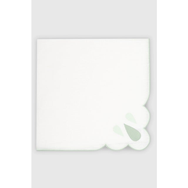DROPS White/Reseda Embroidered Linen Napkin from Los Encajeros For Sale - Image 4 of 4