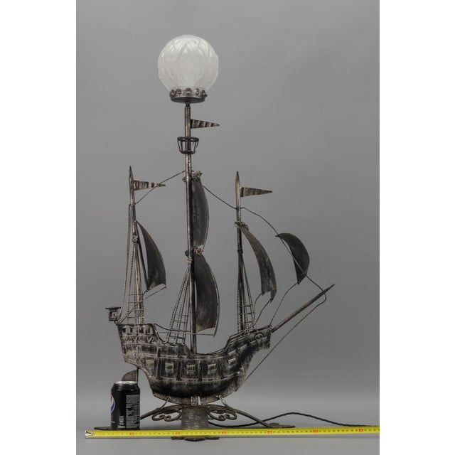 Metal Spanish Wrought Iron and Glass Galleon Sailing Ship Shaped Floor Lamp, 1950s For Sale - Image 7 of 18