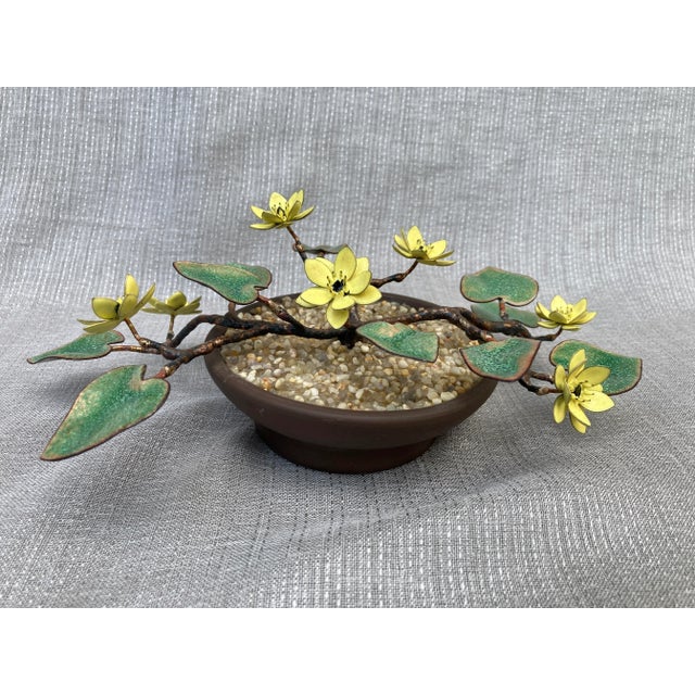 Small vintage copper enamel potted floral arrangement, plant. Textured bronze faux branches with small yellow flowers and...