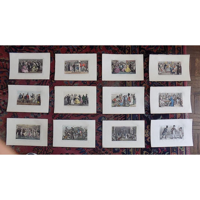 Antique 19th Century Hand Colored Etched & Aquatint English & French Society Scenes - Set of 12 For Sale - Image 9 of 9