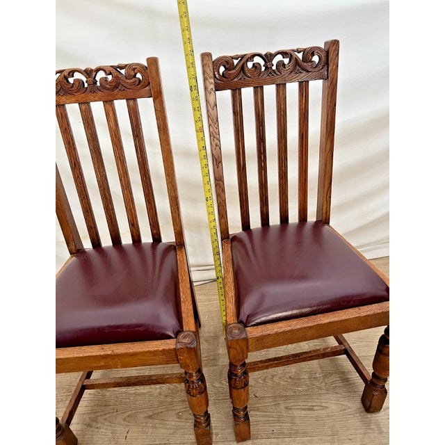Wood Antique Oak Side Chairs Set of Two Arts & Crafts Carved Spindle Back Vinyl Seats For Sale - Image 7 of 10
