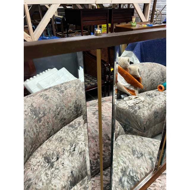 Brown Mid-Century Modern Monumental Brass and Walnut 3 Panel Beveled Wall Mirror For Sale - Image 8 of 11