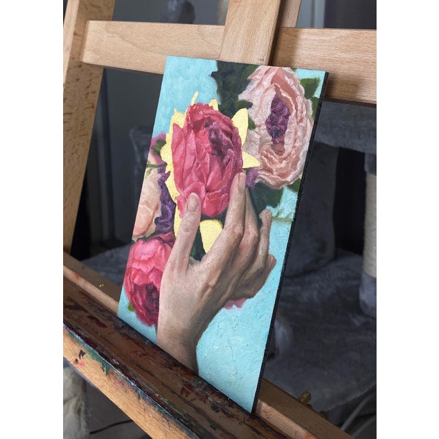 Early 21st Century The Light Within by Aixa Oliveras | Oil and 24kt gold leaf on Artefex panel Hand holding flowers For Sale - Image 5 of 5