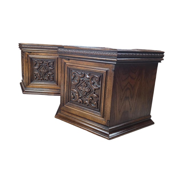 A striking pair of vintage Lane Furniture hexagonal cabinet end tables, crafted in Altavista, Virginia. These substantial...