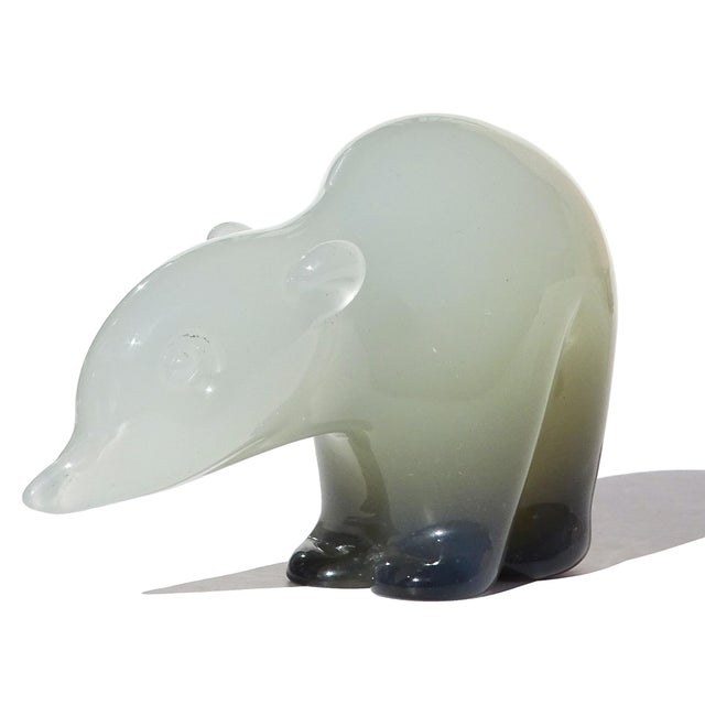 Beautiful vintage Murano hand blown white and dark olive green opalescent Italian art glass baby bear cub sculpture /...