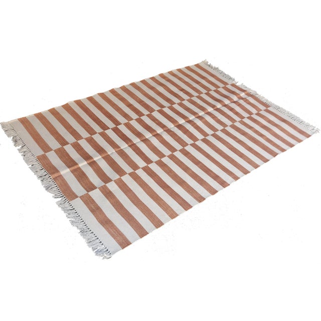 Tan Handmade Cotton Striped Rug, Tan And White 8'x10' For Sale - Image 8 of 8
