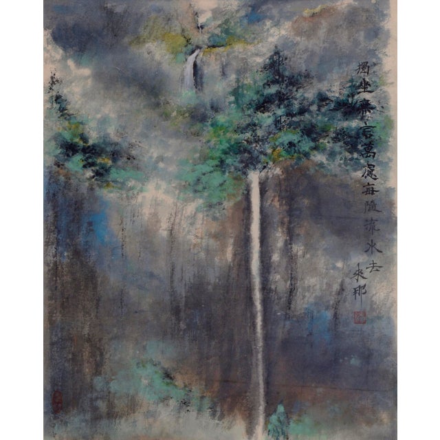 Abstracted watercolor landscape of a peaceful waterfall by an unknown artist (20th Century). Chinese watercolor school....