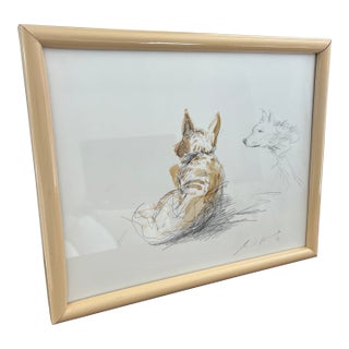 Charming Mid Century Dog Signed Sketch With Watercolor Accents For Sale
