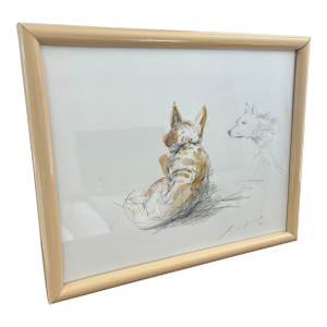 Charming Mid Century Dog Signed Sketch With Watercolor Accents