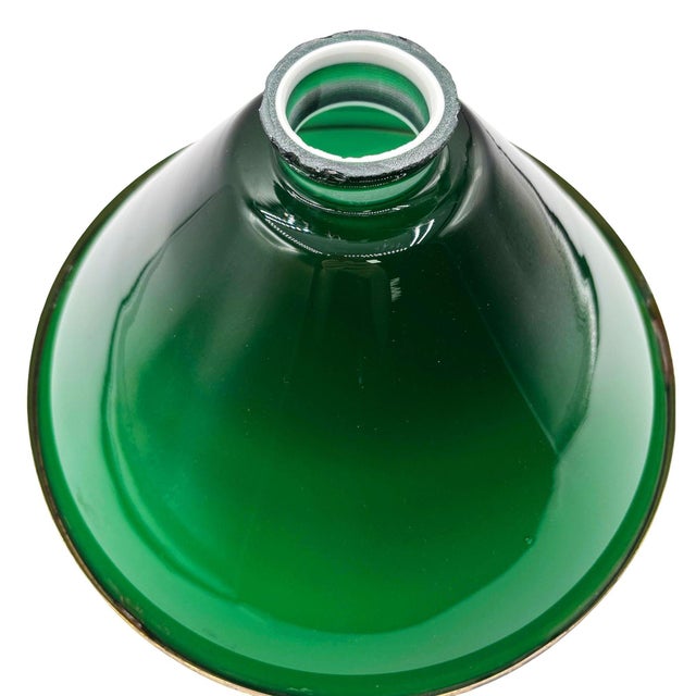 Metal 1920s Art Deco Banker/Poker Hanging Ceiling Light W/ 9" Brass Rim Green Glass Shade For Sale - Image 7 of 12
