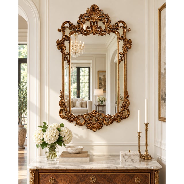 Make a dramatic statement with this ornate Baroque-inspired wall mirror, featuring an intricately sculpted frame finished...
