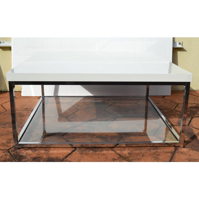 White Modern White Glossy Top Chrome Coffee Table With Tempered Glass Bottom Shelf For Sale - Image 8 of 18