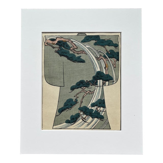"Pine Trees and Waterfall" Antique 1886 Japanese Kimono Design Woodblock Print (With Mat) For Sale