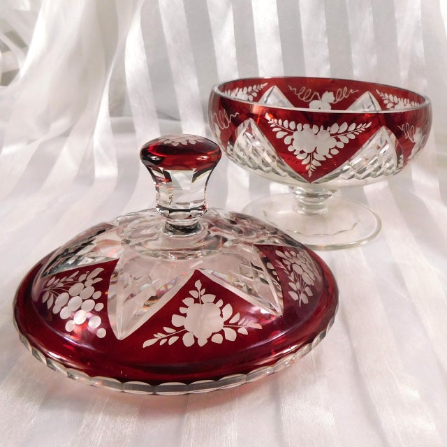 1950s Red Footed Covered Cut to Clear Dish For Sale - Image 4 of 6
