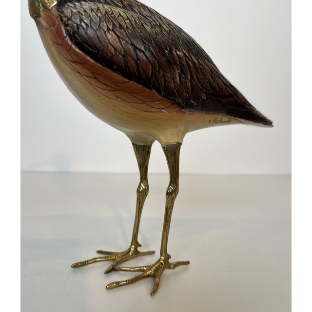 Sculpture representing a bird in polychrome wood and brass. Italian work signed For Sale - Image 10 of 12