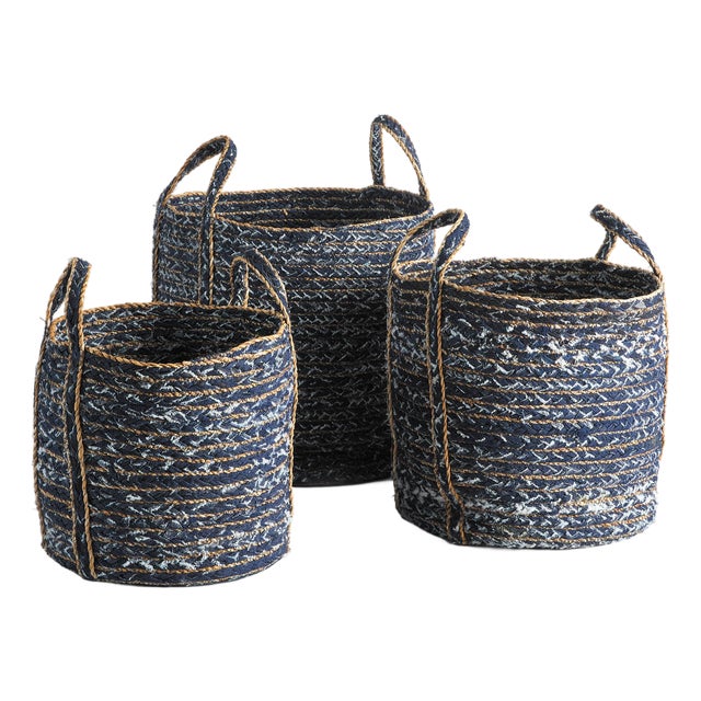 Denim Round Baskets, Set Of 3 For Sale