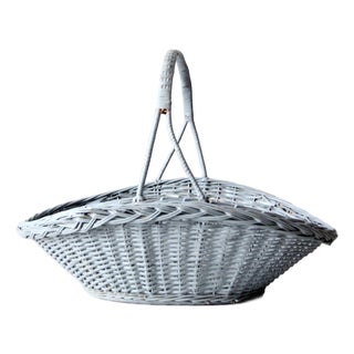 Vintage Blue Wicker Market Basket For Sale