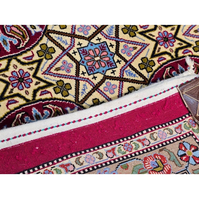 Vintage Persian Qum Runner Rug, Hand-Knotted Wool, Allover Geometric Pattern, 3x13, Tan & Red For Sale - Image 12 of 14
