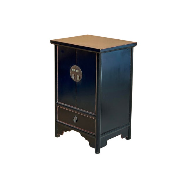 Asian Oriental Distressed Black Medallion Hardware End Table Nightstand For Sale - Image 3 of 10