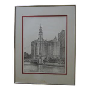 Chicago Wrigley Building Framed Black and White Illustration Print by Albert Richardson Vintage 70s