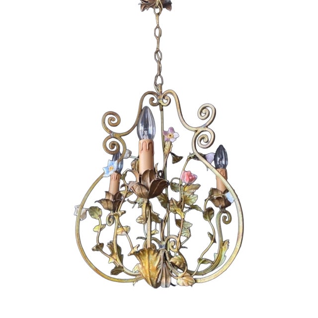 Iron and Ceramic Chandelier, 1960s For Sale