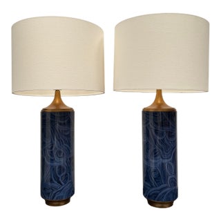Transitional Navy Blue Malachite Pattern Lamps by John Richards - a Pair For Sale