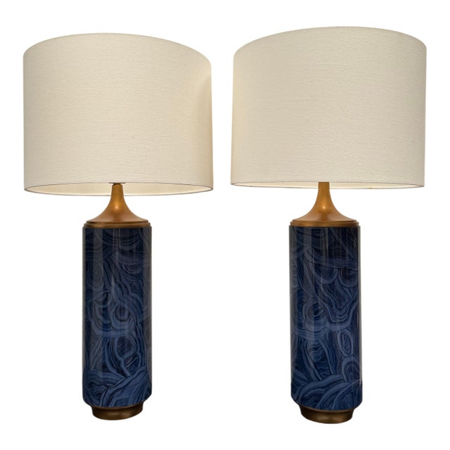 Transitional Navy Blue Malachite Pattern Lamps by John Richards - a Pair For Sale