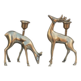 Brass Doe & Buck Deer Candleholders - a Pair For Sale