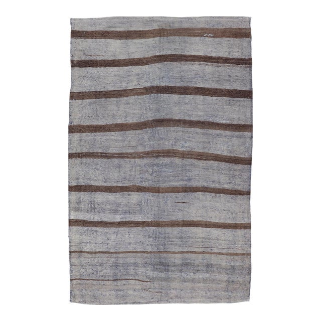 Vintage Turkish Kilim Rug With Soft Grey and Rich Brown Stripes 3'2 X 5'4 For Sale
