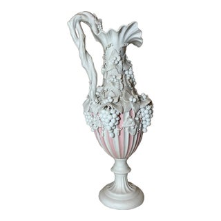 Antique English Handmade Bennington Pink Parian Porcelain Grape Vine Ewer Vase For Sale