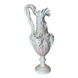 Antique English Handmade Bennington Pink Parian Porcelain Grape Vine Ewer Vase