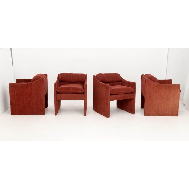 Set of Four Modernist Red Velvet Upholstered Lounge Chairs, one with "Made exclusively for Charles Craig" label. 28.5" H x...