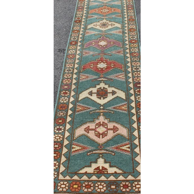 Vintage Turkish Oushak Runner With Teal, Rust, Ivory, and Lavender Tones For Sale In Atlanta - Image 6 of 13