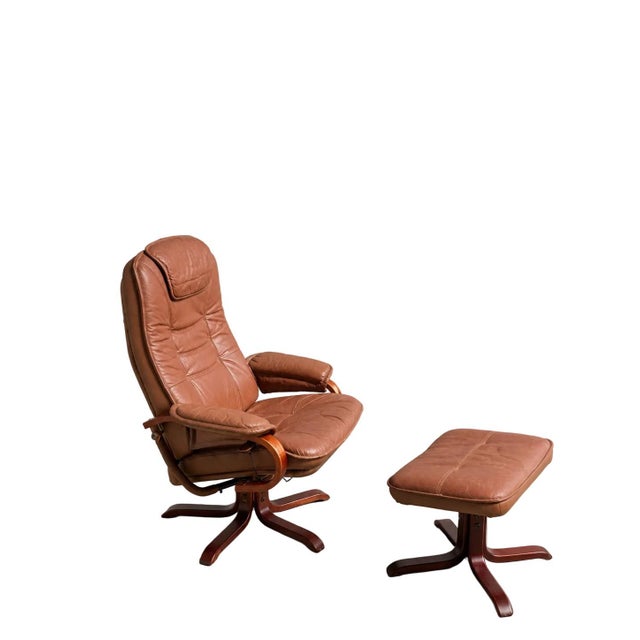 Set of Scandinavian Brown Leather Recliner Lounge Chair with Ottoman, 1990 For Sale - Image 17 of 17