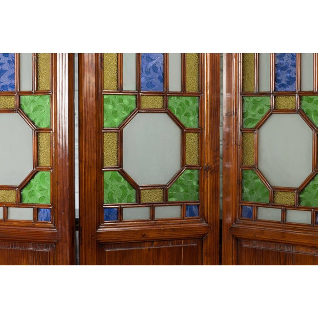 Antique Chinese Stained Glass Geometric Motif 6-Panel