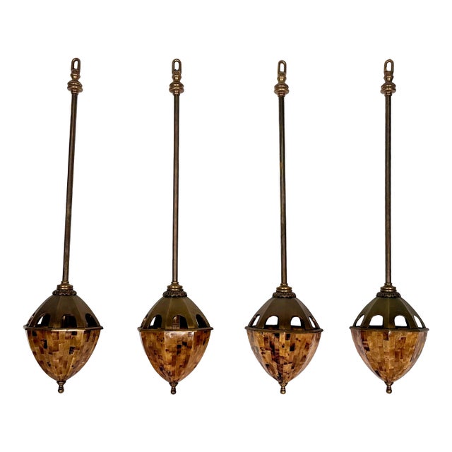Vintage Tortoise Shell & Brass Lantern Pendant Lights - Set of Four For Sale