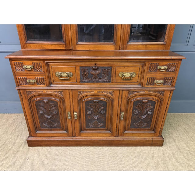 Victorian Carved Walnu Bookcase witht Secretaire, 1880 For Sale - Image 13 of 18