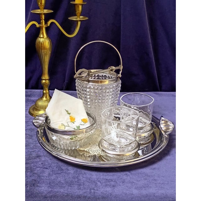 1960s Art Deco Pressed Glass and Silver Rim With Ice Bucket Coasters Pinch Bowl and French Claw Ice Tongs - 5 Piece Bar Set For Sale - Image 12 of 17