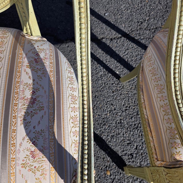 Wood Pair of French Louis XVI Style Painted Celadon and Cream Oval Back Fauteuil Armchairs With Floral Stripe Upholstery, Mid 20th Century For Sale - Image 7 of 10