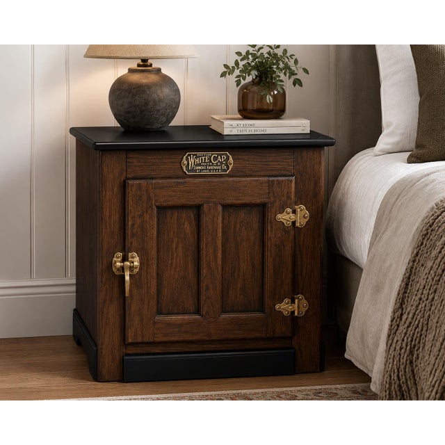 American Authentic White Clad Oak Icebox Cabinet Nightstand in Tobacco Walnut & Onyx Black For Sale - Image 3 of 3