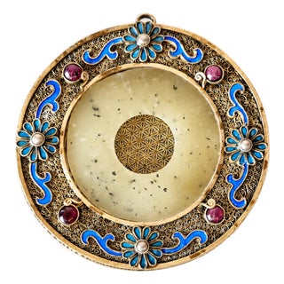 Vintage Chinese Hetian Jade Disc Bi in Silver Enamel Frame With Rubies and Pearl For Sale