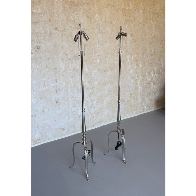 Pair of French Mid-Century Polished Nickel Tripod Floor Lamps For Sale - Image 11 of 14