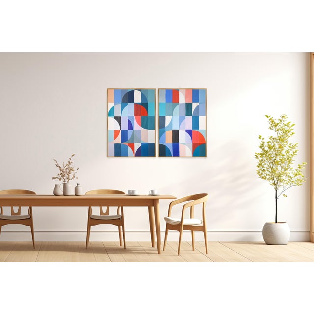 Below the Sea Level is a Bauhaus-inspired diptych by Natalia Roman, where a grid of squared geometric patterns forms an...