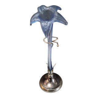Vintage Blue Satin Glass Lily Epergne Vase on Metal Silvered Stand For Sale