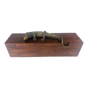 Handsome Handmade Mahogany Dresser Box With Bronze Salamander Sculpture Top.