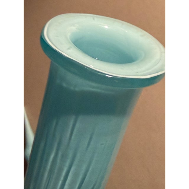 Light blue clear glass, interior ‘cased with white glass. Likely Italian but possibly French. Often attributed to empoli...