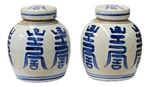 Blue White Small Oriental Shou Characters Porcelain Ginger Jars - a Pair